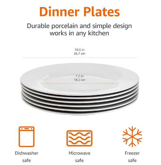 Amazon Basics 6-Piece White Dinner Plate Set