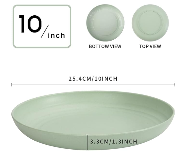 6 PACK 10 Inch Lightweight Wheat Straw Plates, Unbreakable and Reusable Plate Set